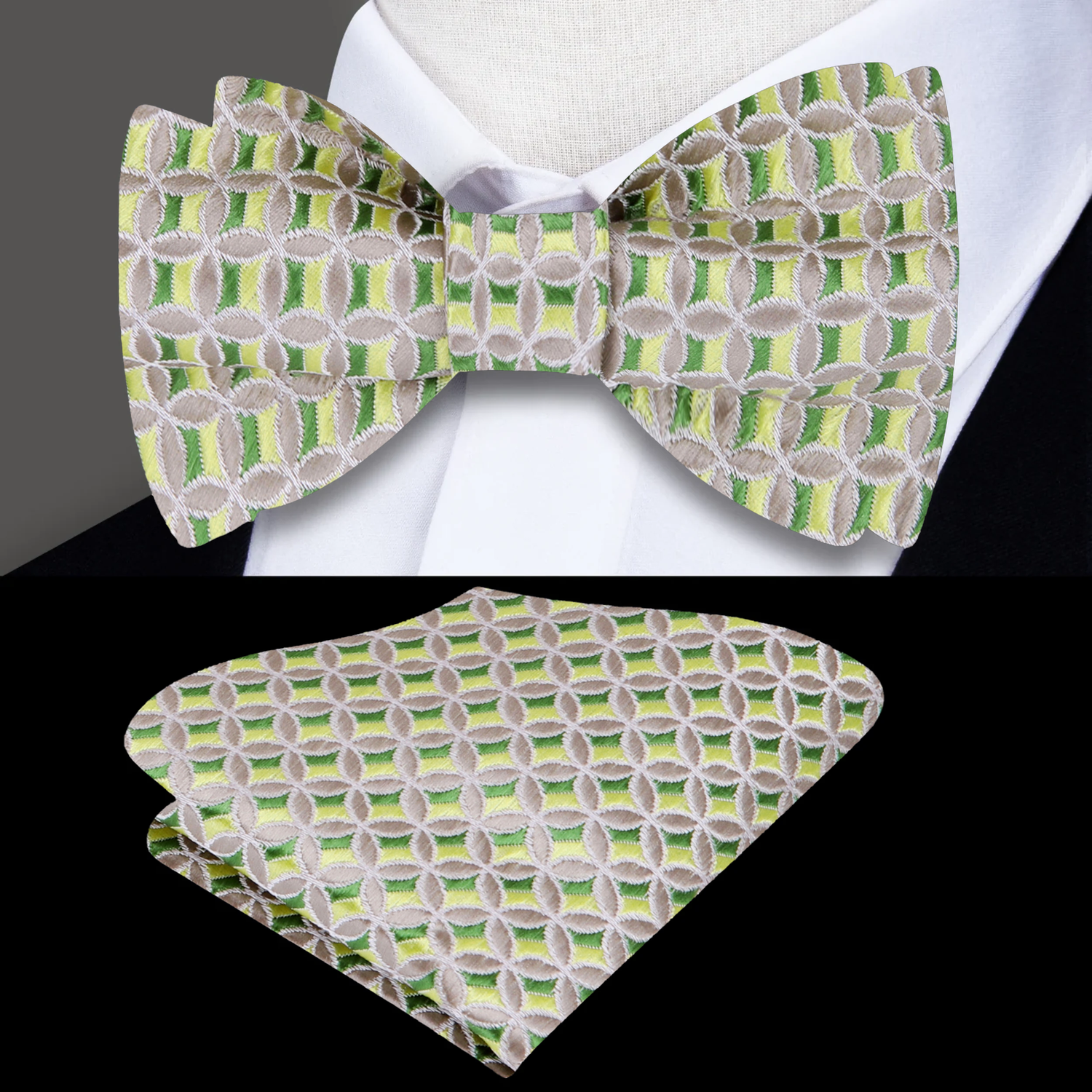 A Green, Light Green Geometric Pattern Silk Self Tie Bow Tie, Matching Pocket Square
