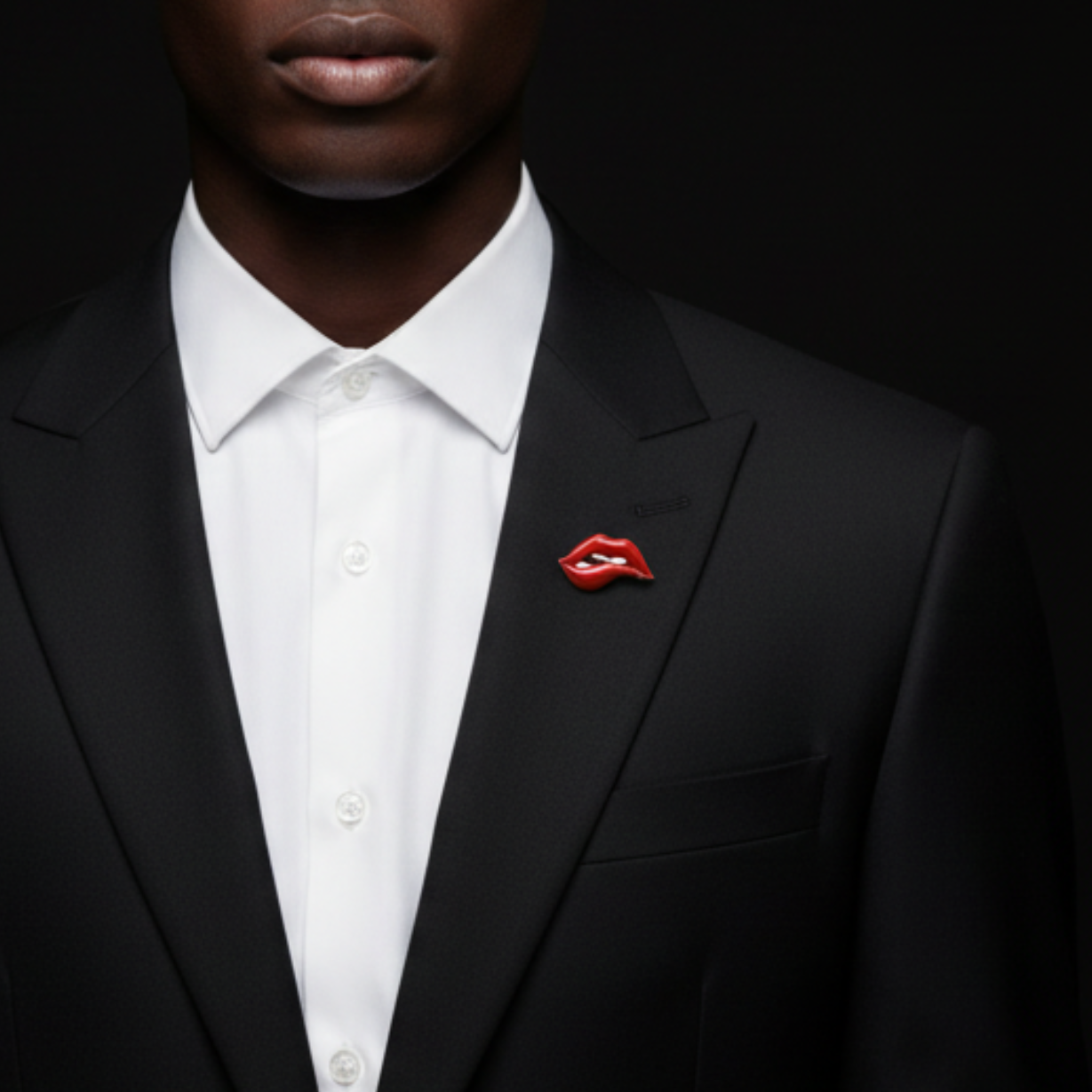 Small lips lapel pin on man with suit