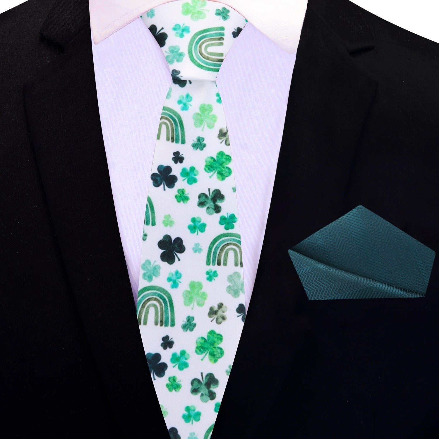 Thin White, Green Clover with Rainbows Tie and Green Square