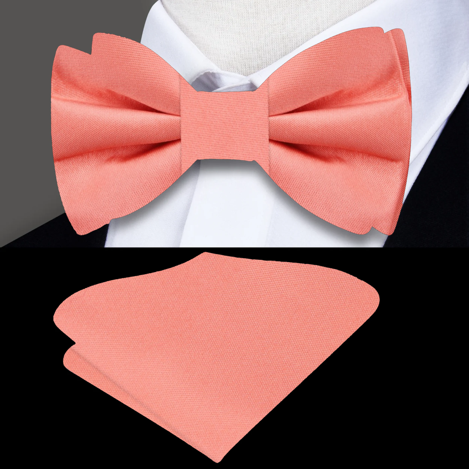 Solid Glossy Rich Coral Bow Tie and Pocket Square