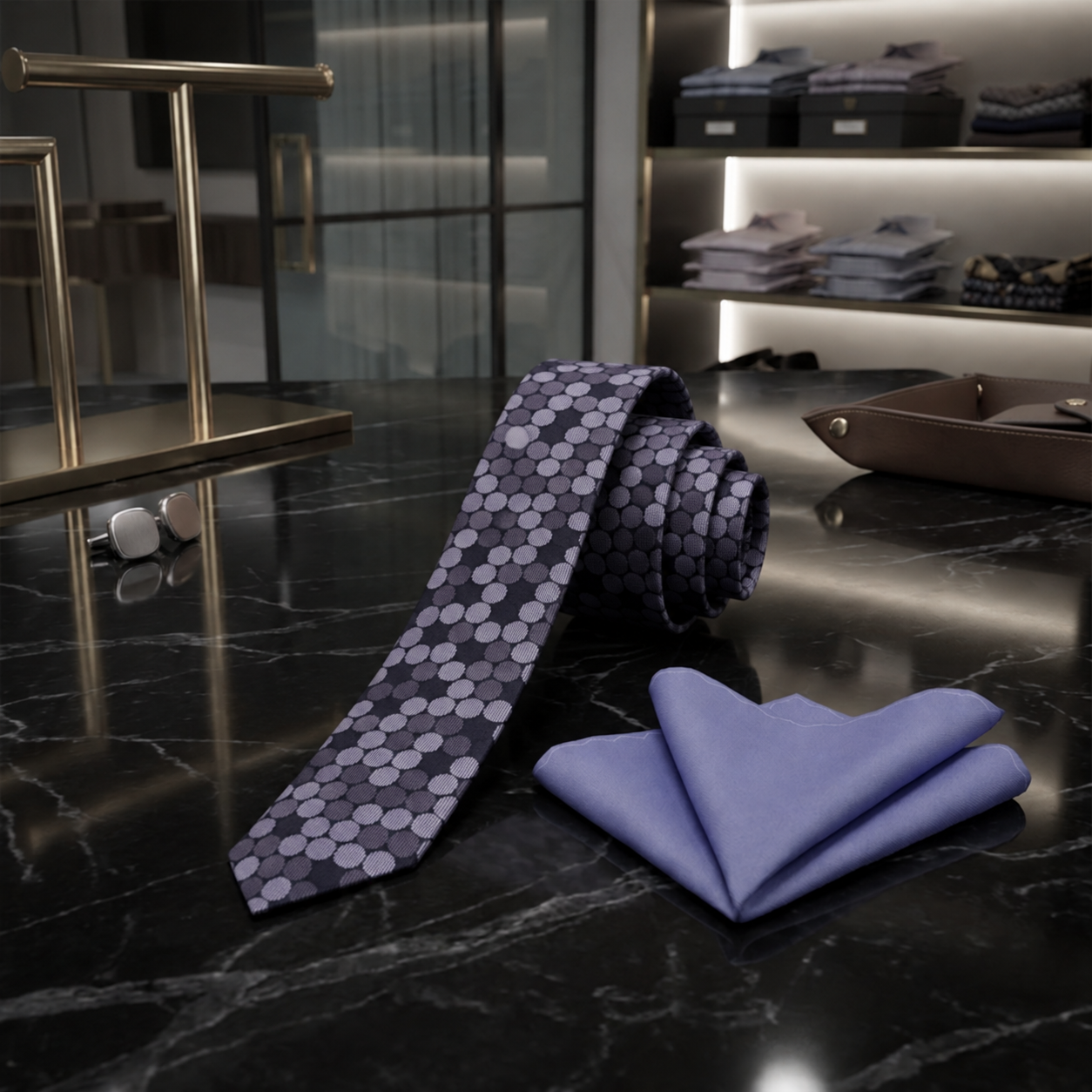 A men's necktie and matching pocket square set displayed on a dark marble surface. The tie is unrolled to show a repeating geometric pattern of interlocking circles in shades of gray and purple, while the matching pocket square is folded in a solid periwinkle blue.