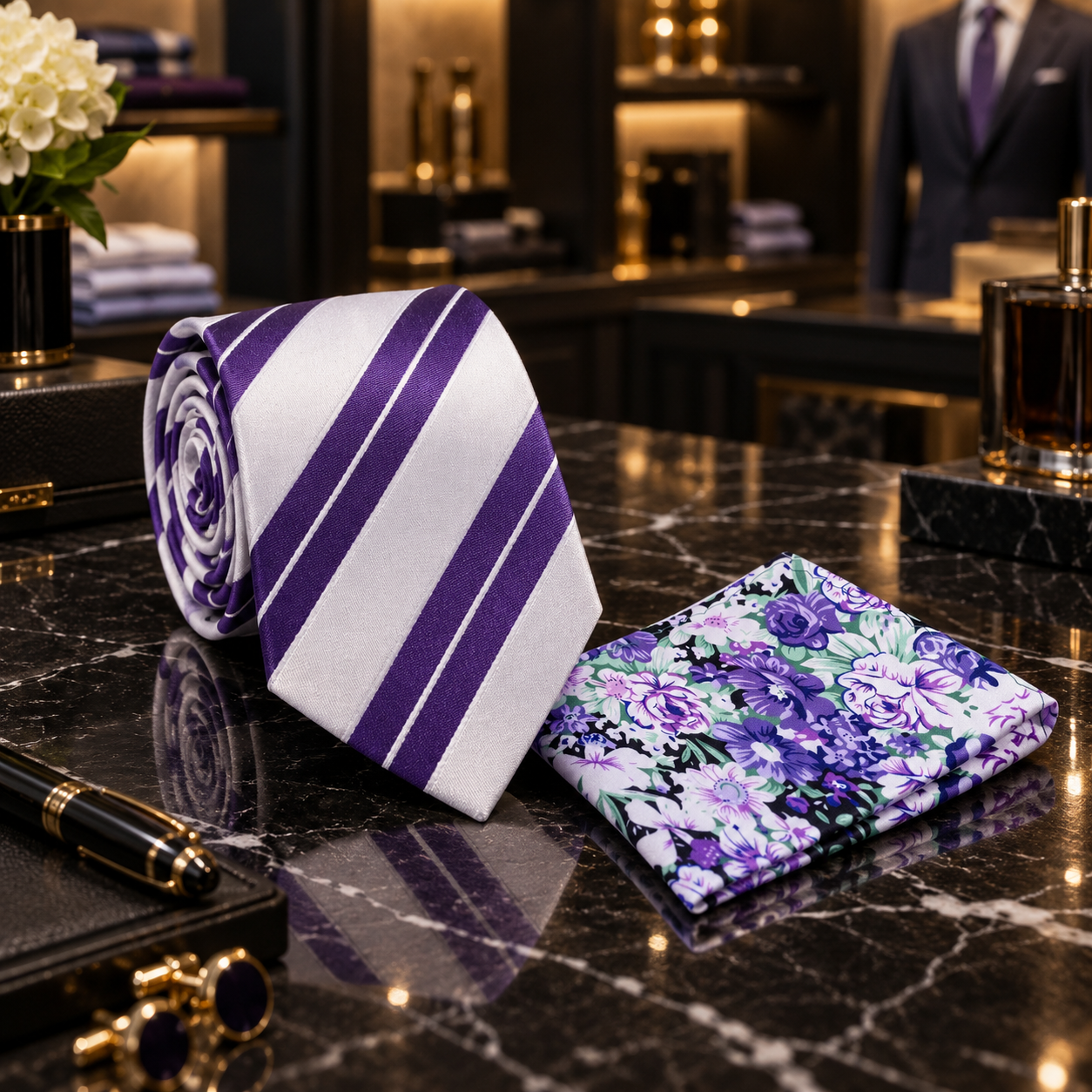 Purple & White Stripe Necktie with Pinstripe Detail