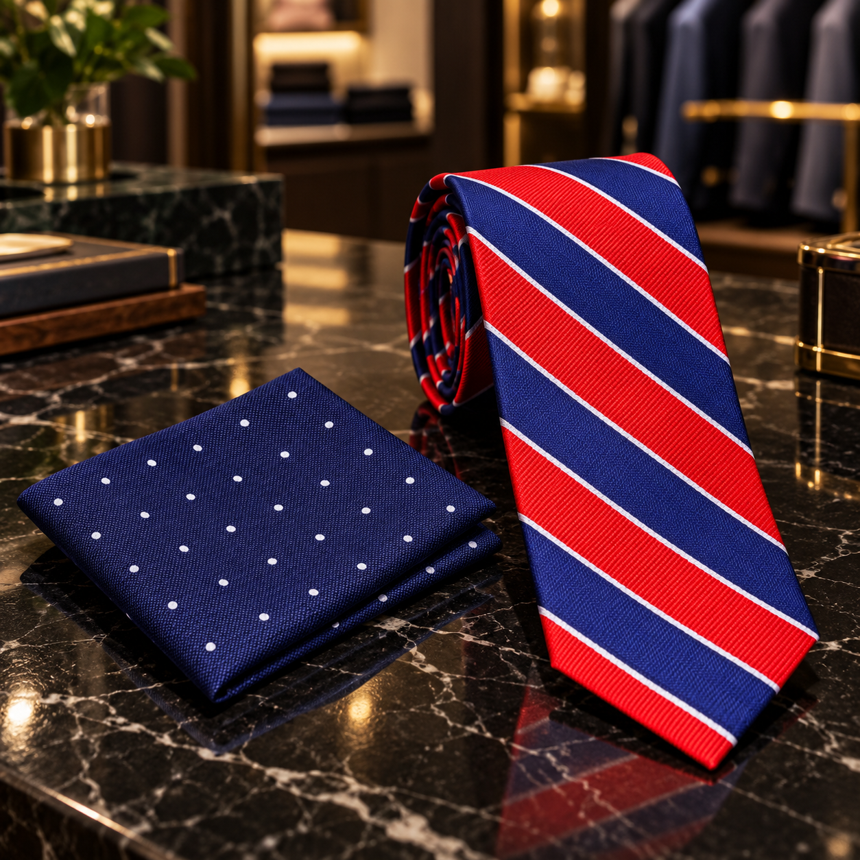 Red Blue White Stripe Tie and accenting square