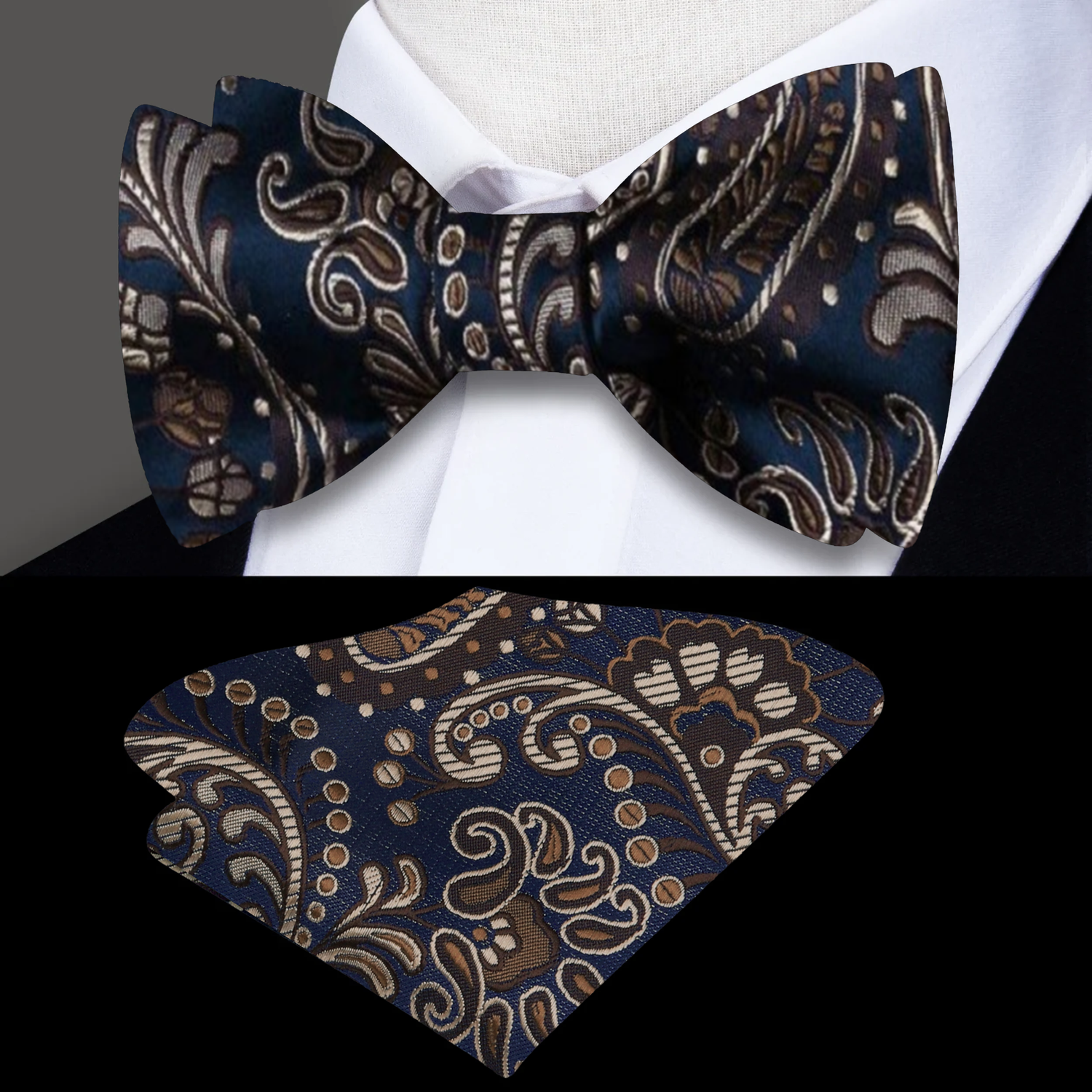 A Dark Blue, Brown Paisley Pattern Silk Self Tie Bow Tie, Matching Pocket Square