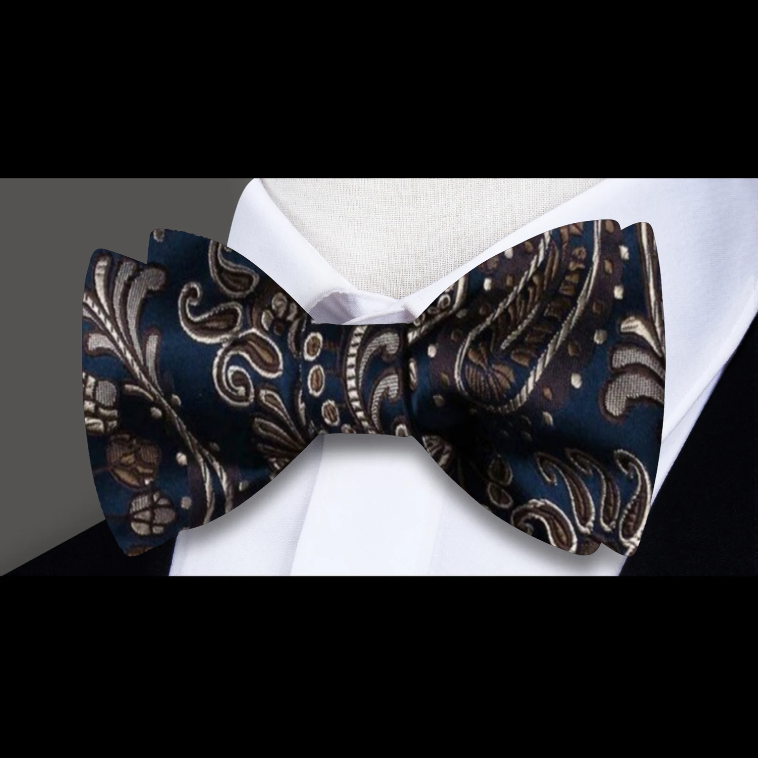 A Dark Blue, Brown Paisley Pattern Silk Self Tie Bow Tie 