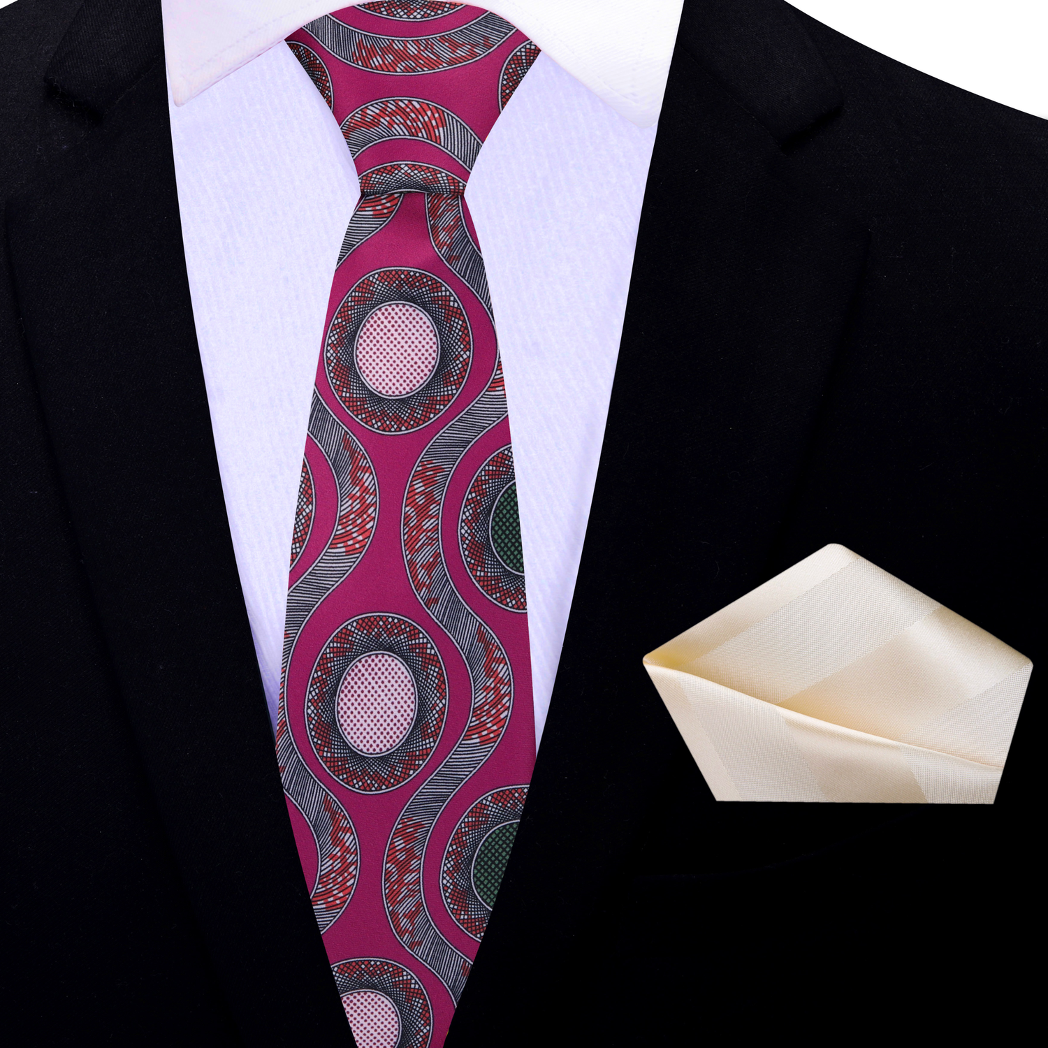 Thin Tie: Dark Fuchsia Abstract Necktie & Golden Pearl Square