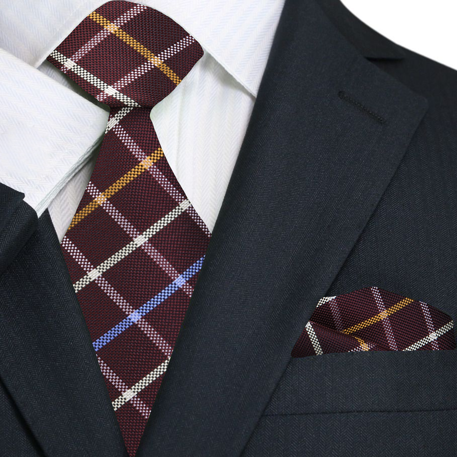 A Mahogany, Brown, Cream With Geometric Diamond Pattern And Small Checks Pattern Necktie With Matching Pocket Square