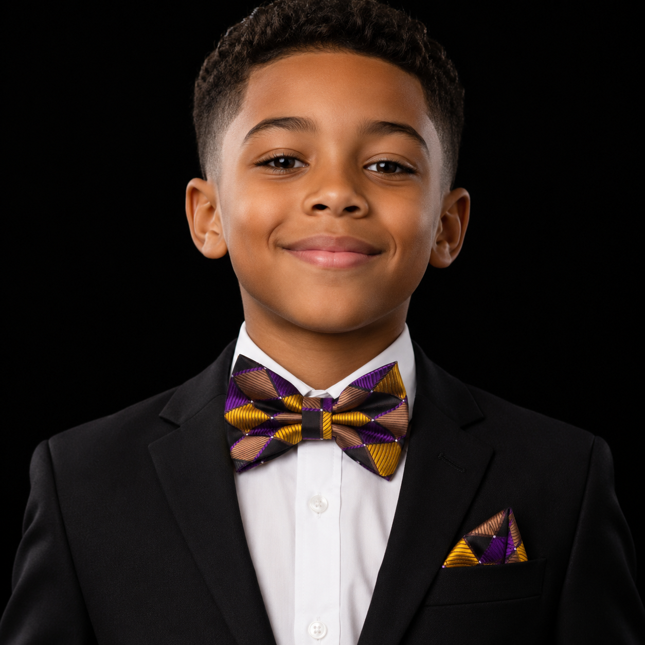 A young boy wearing a black suit jacket, white dress shirt, and a purple and gold patterned bow tie with a matching pocket square, set against a solid black background.