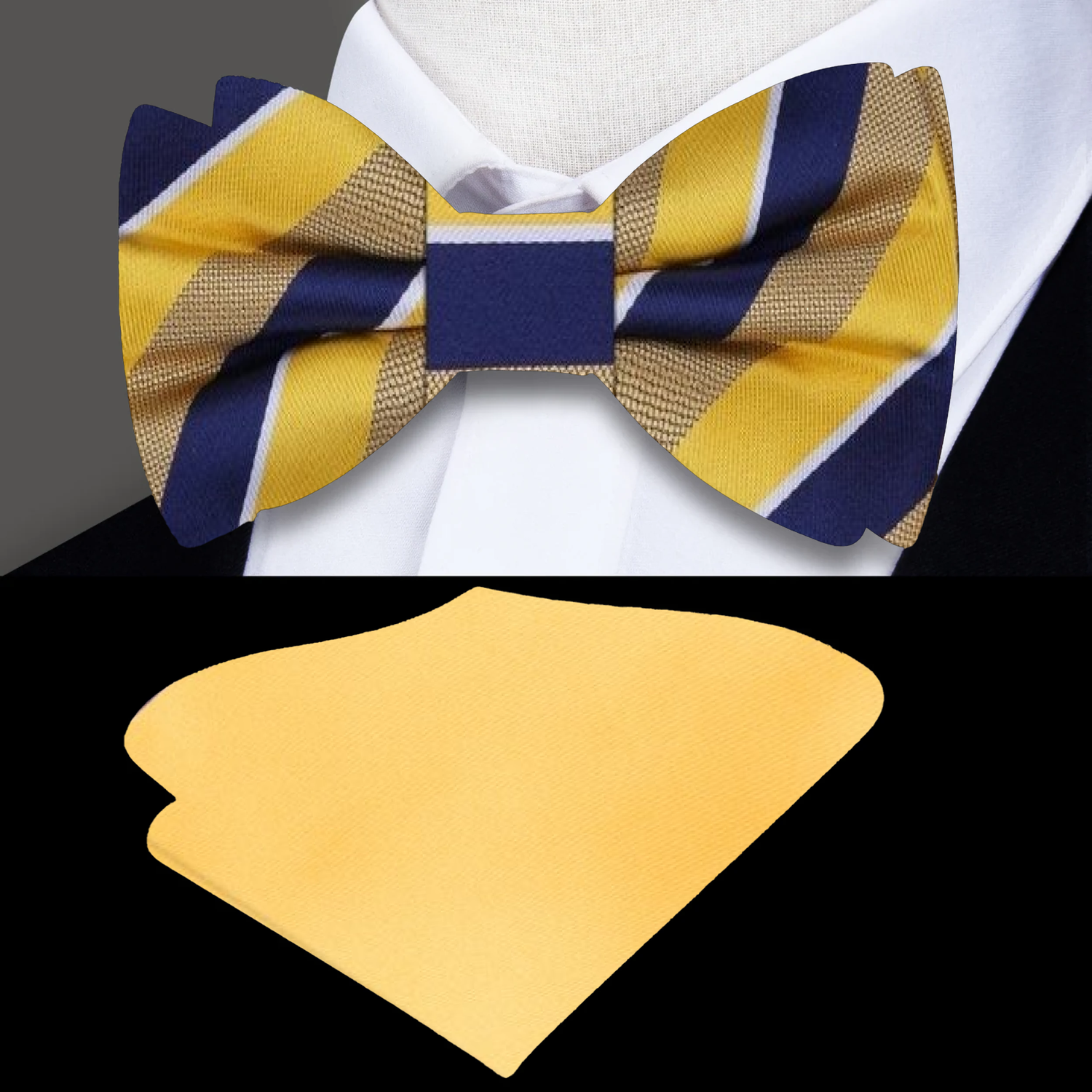 Maize Gold Deep Blue and White Block Stripe Bow Tie and Yellow Square