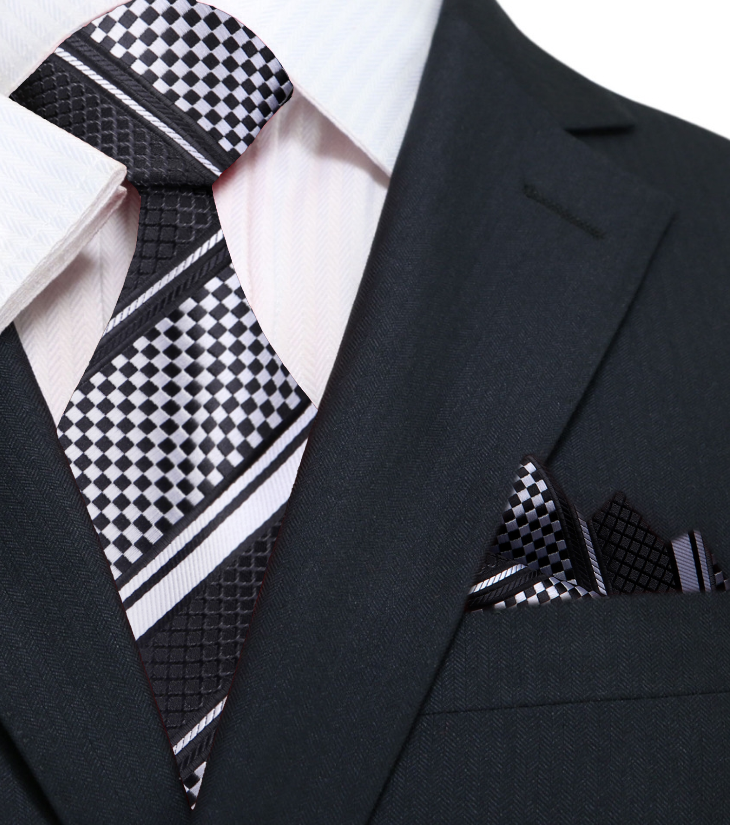 Black and Light Silver Check Necktie and Square