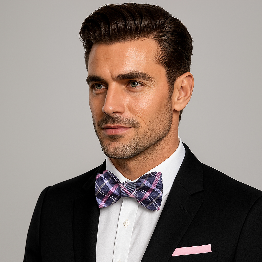 Man wearing a black suit with a plaid bow tie and pink handkerchief on a gray background