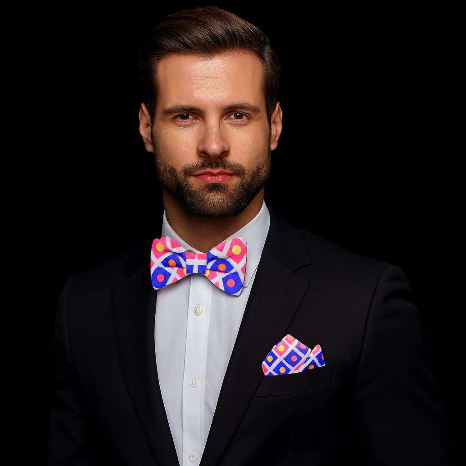 Man Wearing Geometric Colorful Bow Tie and Square