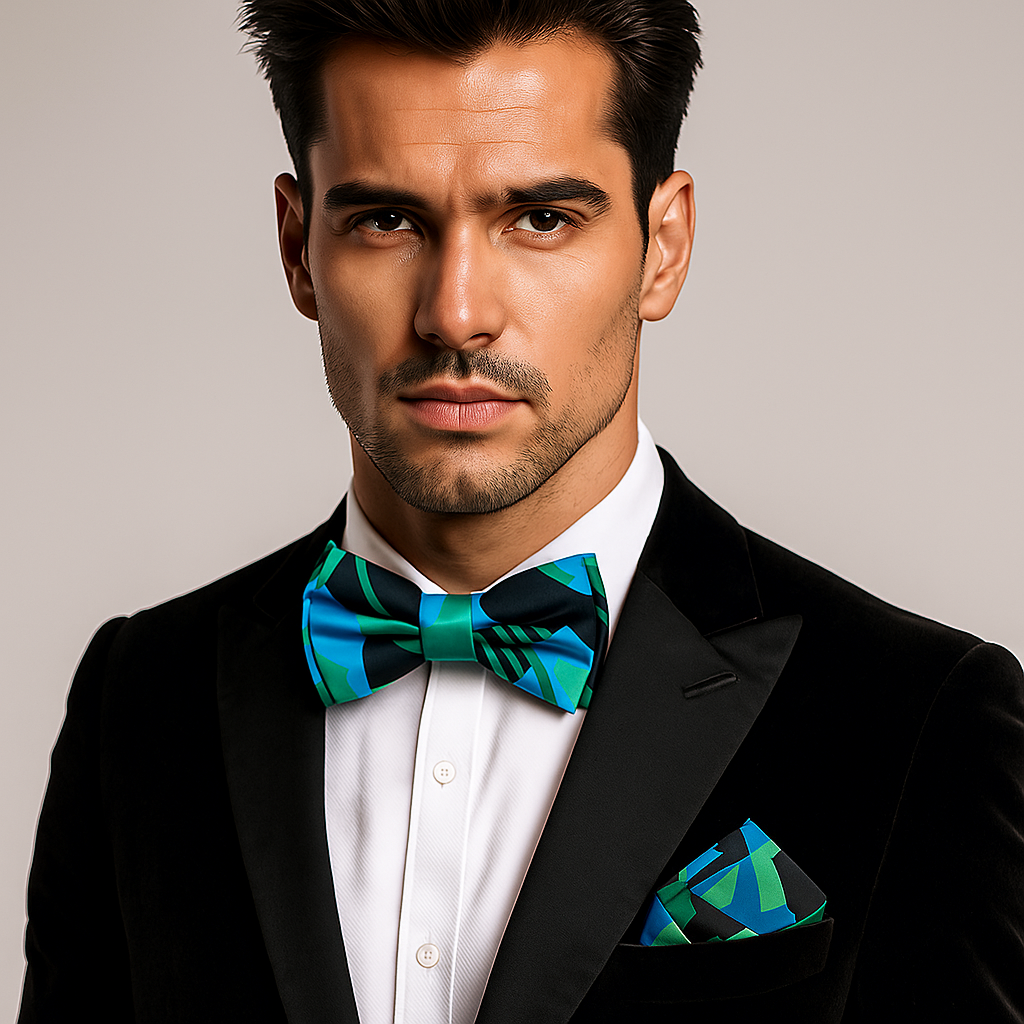 Man wearing suit and bow tie with square
