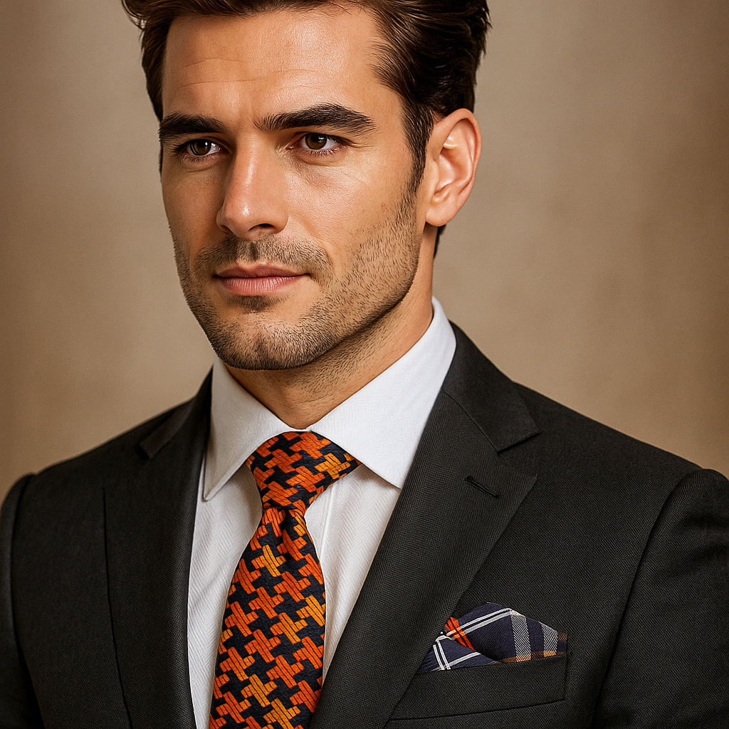 Man wearing a black suit with an orange and black patterned tie and a striped pocket square on a beige background