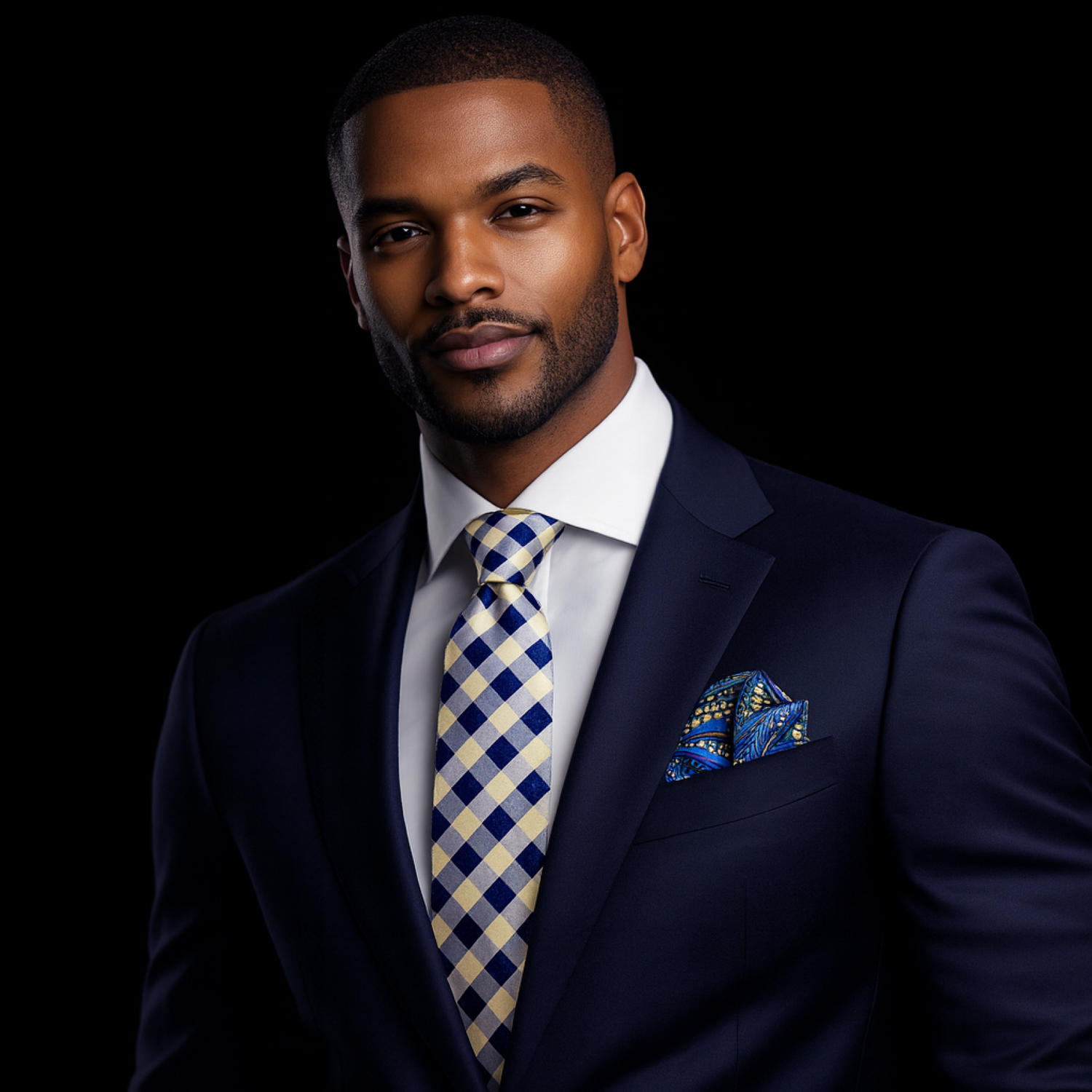 Man wearing a navy suit with a blue and yellow checkered tie and pocket square on a black background