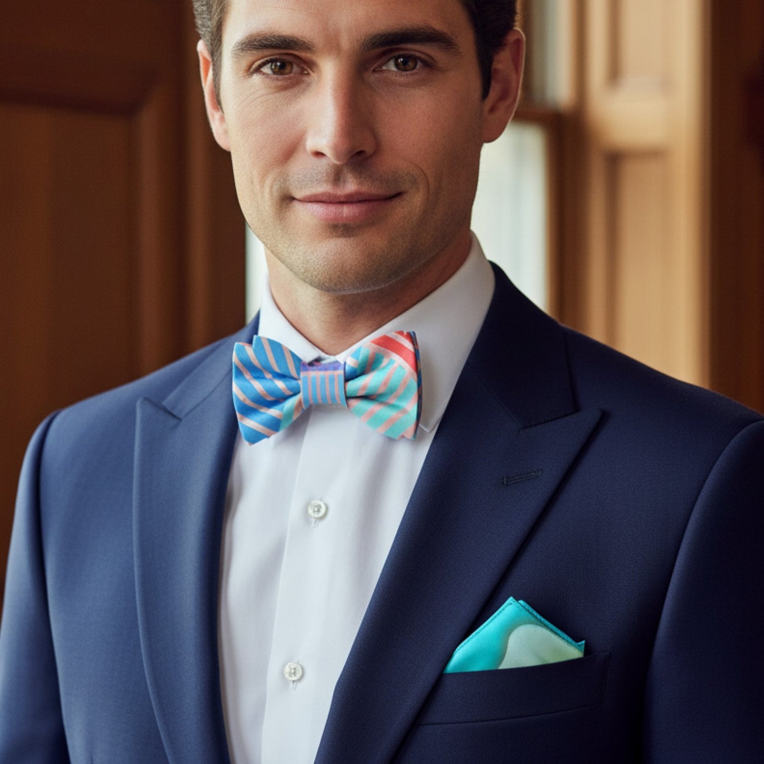 Man wearing a blue suit with a colorful striped bow tie and matching pocket square.
