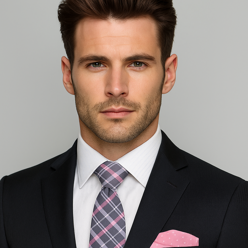 Man wearing a black suit with a plaid tie and pink pocket square on a gray background