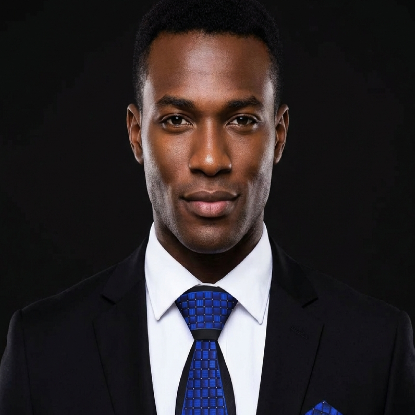 Man wearing a black suit with a blue tie and pocket square on a black background