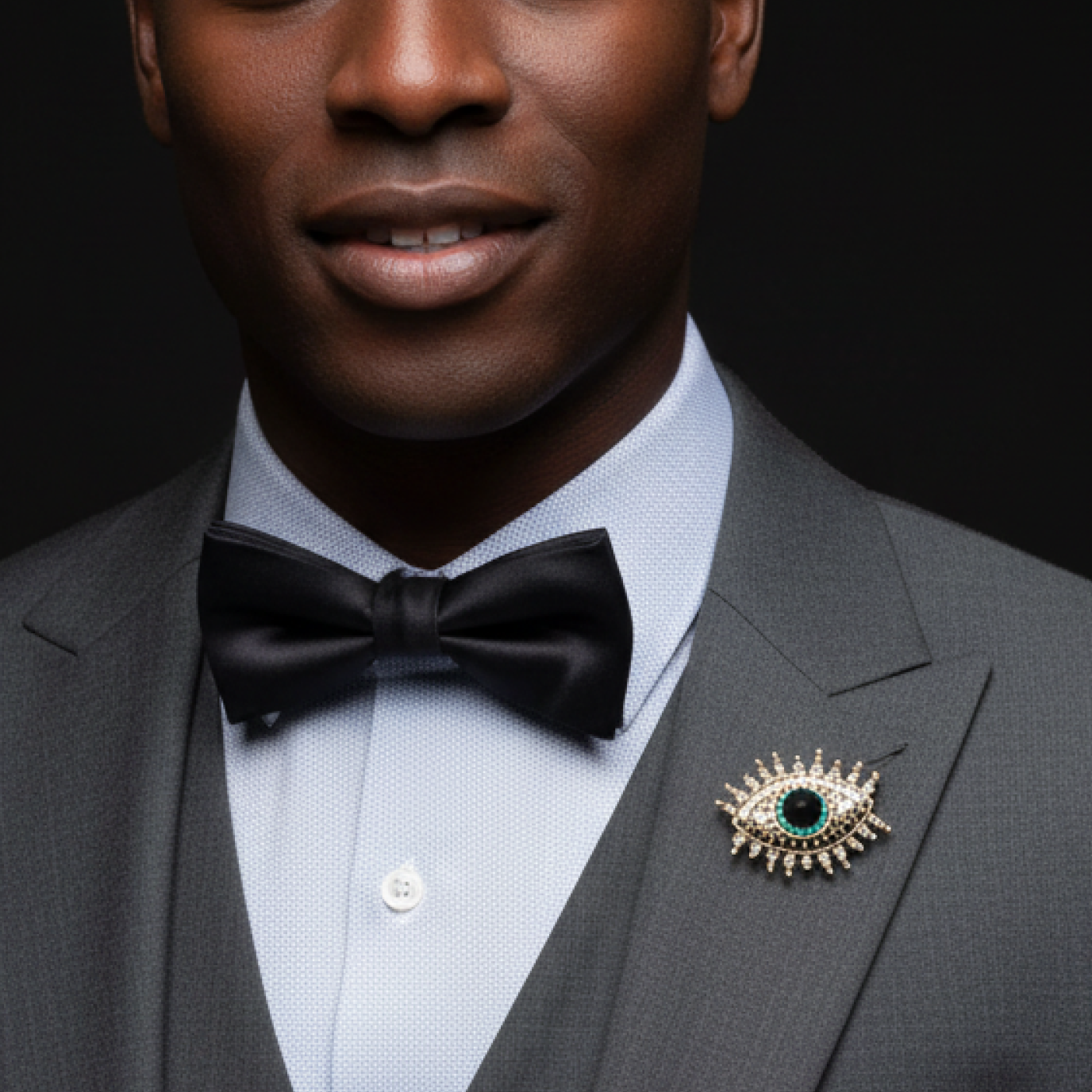 Man wearing a gray suit with a black bow tie and decorative brooch on a black background