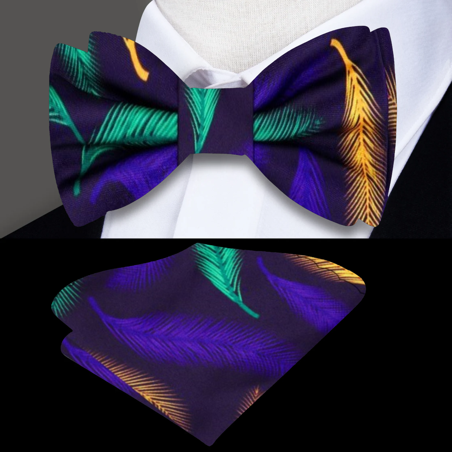 Deep Purple, Purple, Green and Yellow Feather Bow Tie and Pocket Square