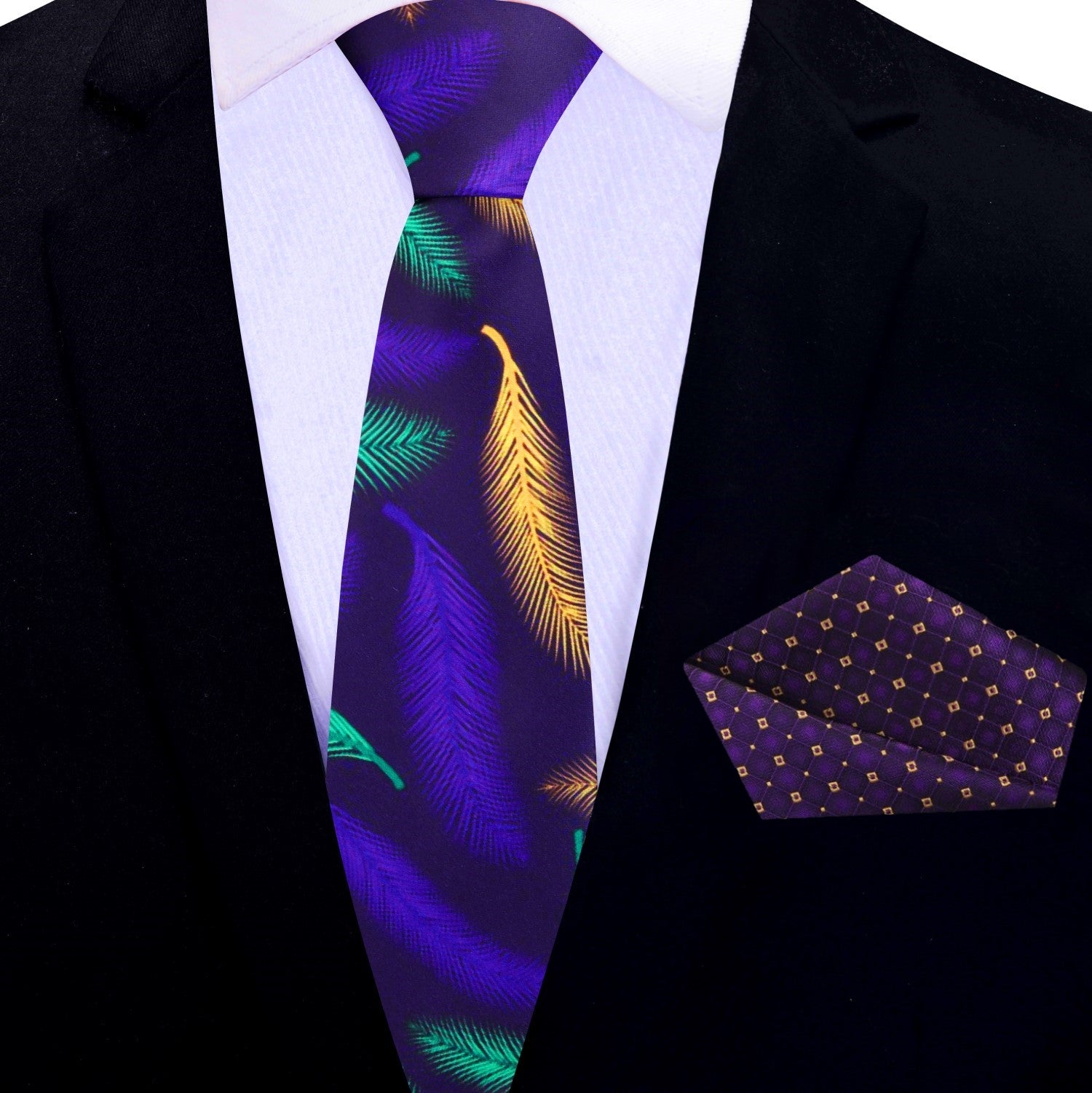 Thin Tie: Purple, Gold and Green Feather Necktie and Purple Square