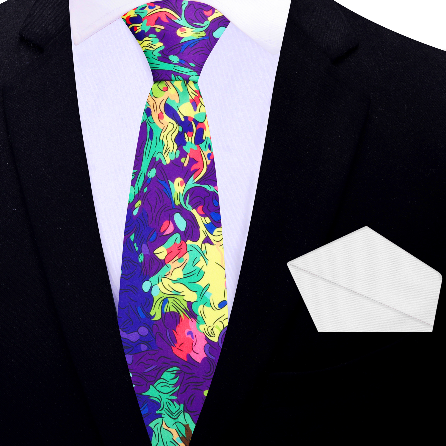 Thin Tie: Purple, Green, Yellow, Blue Abstract Necktie and White Square