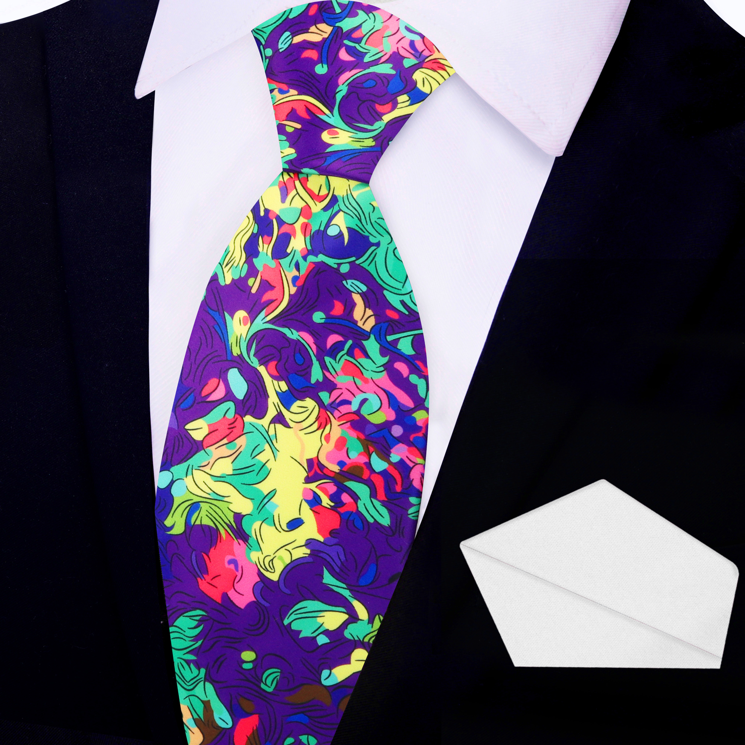 Purple, Green, Yellow, Blue Abstract Necktie and White Square