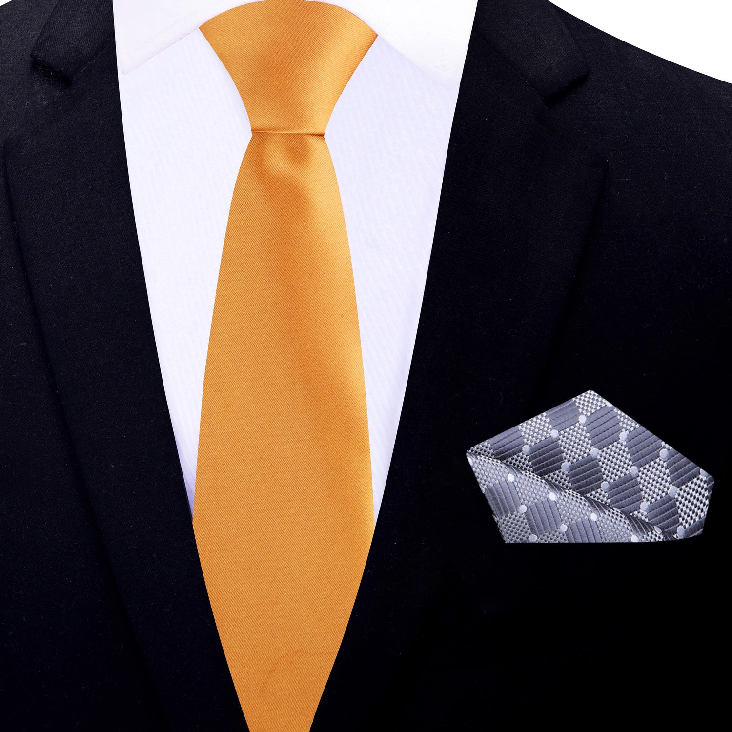 Thin Tie: Marigold Necktie with Grey Geometric Square