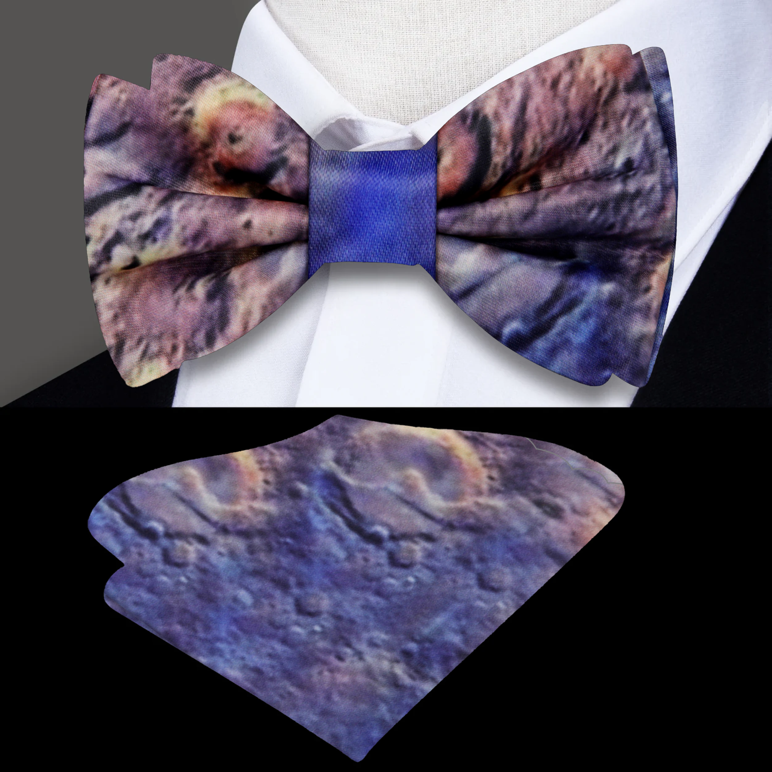 Blue, Brown Mars Crater Bow Tie and Square