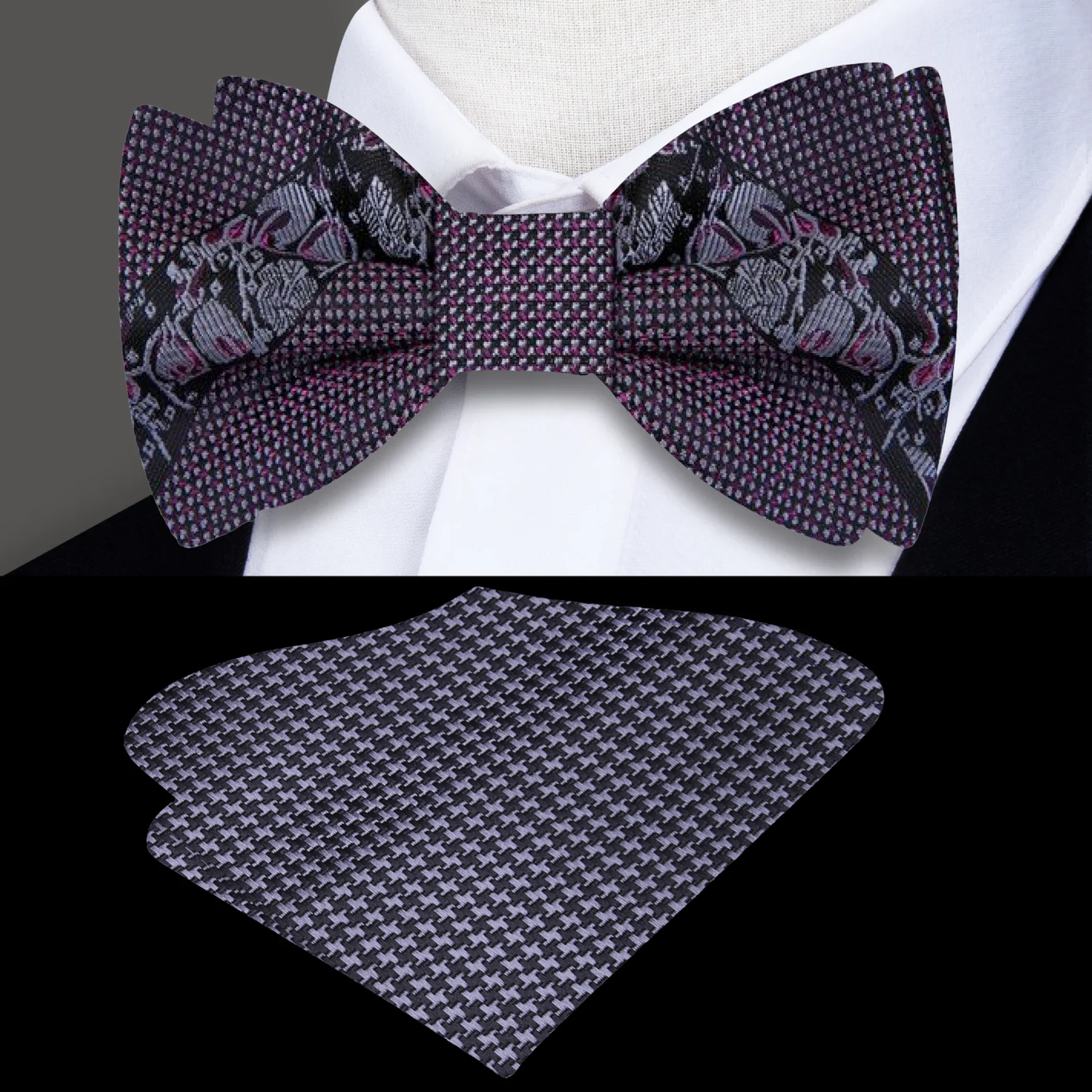 Metallic Purple Black Floral Bow Tie and Accenting Square