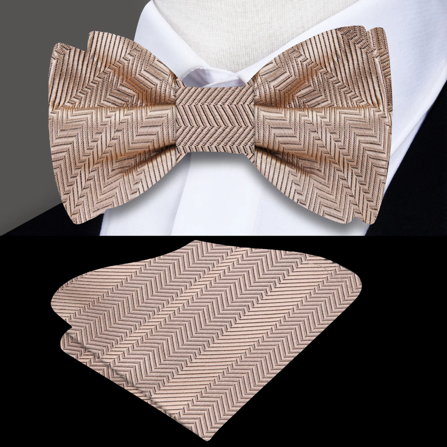 A Wheat Solid Pattern Self Tie Bow Tie, Matching Pocket Square