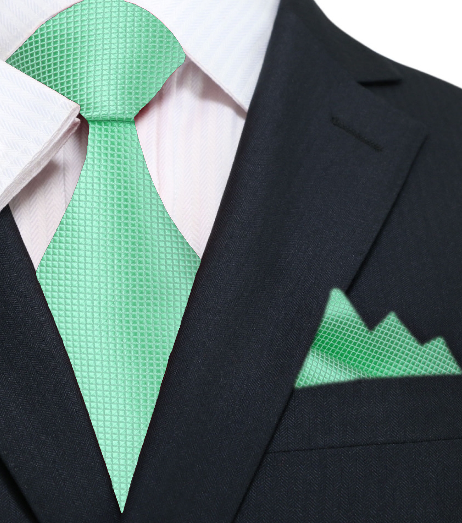 Main: A Solid Mint With Check Texture Pattern Silk Necktie, Matching Pocket Square||Mint