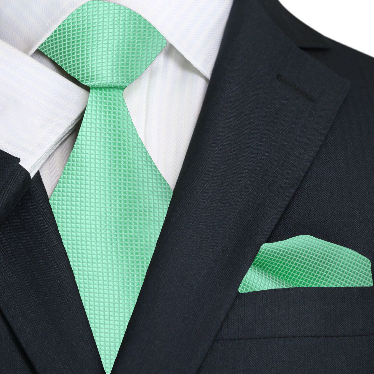 A Solid Mint With Check Texture Pattern Necktie, Matching Pocket Square