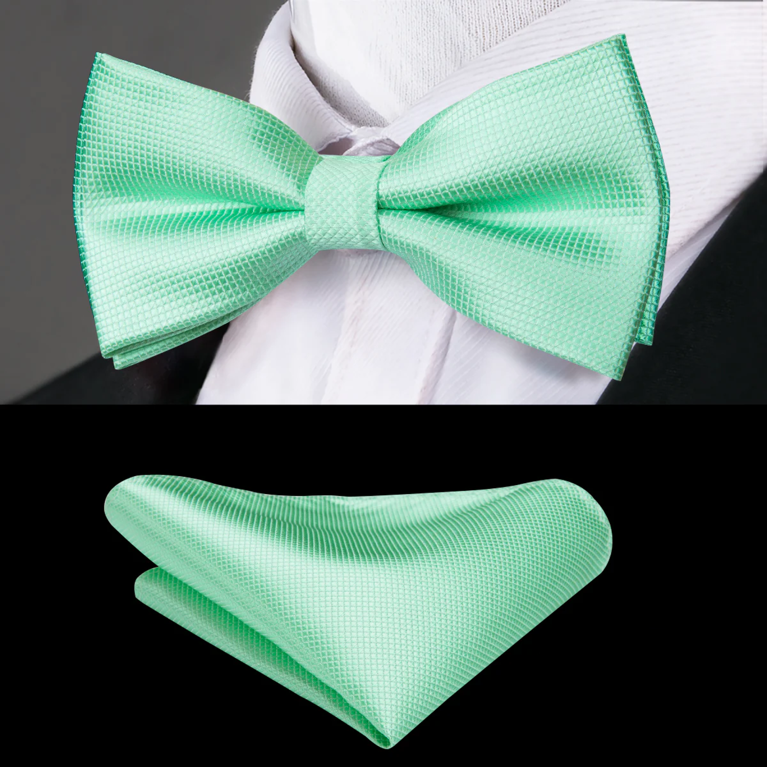Solid Mint Blocks Bow Tie and Pocket Square