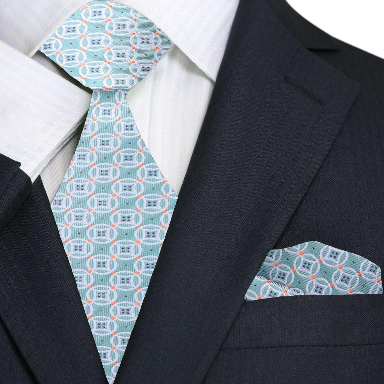 Premium Pale Mint, Orange Geometric Tie and Pocket Square