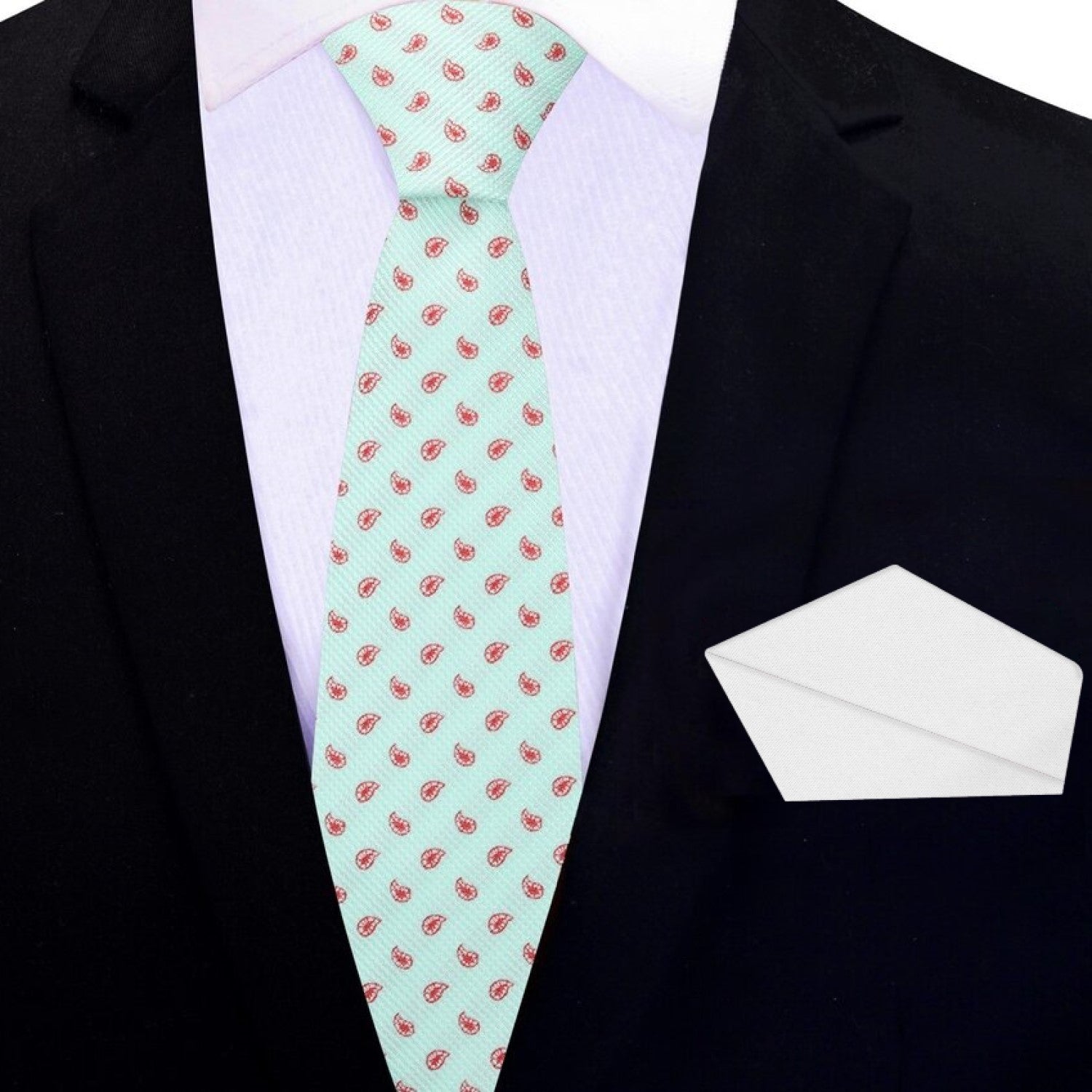 Thin Tie: Light Green, Red Paisley Tie and White Square