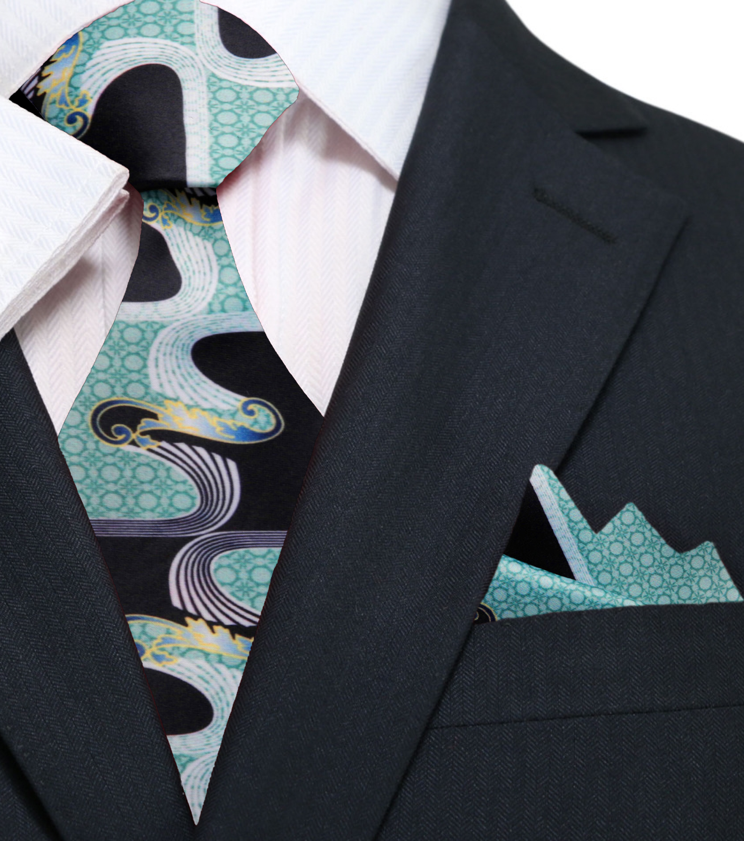 Ice Black Abstract Waves Tie and Pocket Square||Ice