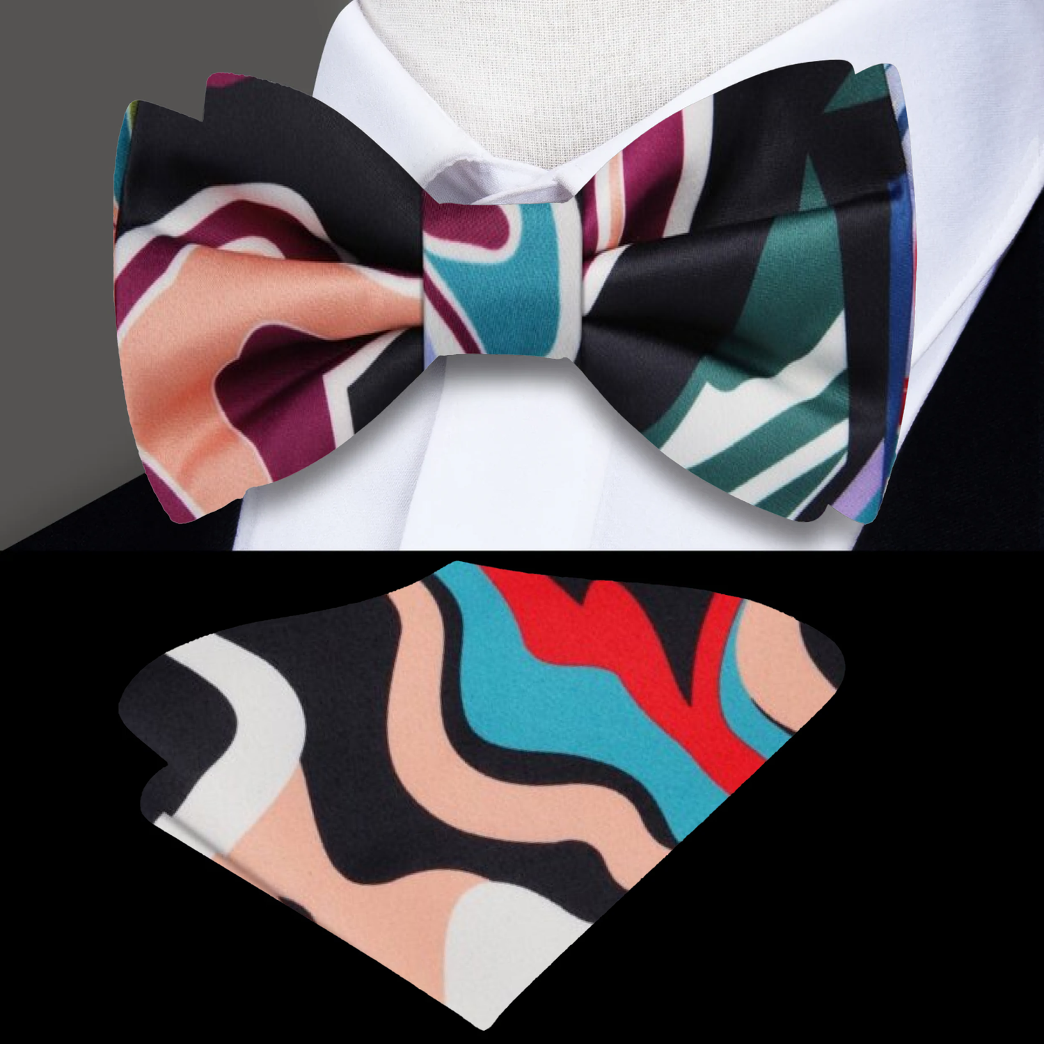 Black, Red, Purple, Green, Blue Abstract Bow Tie and Pocket Square