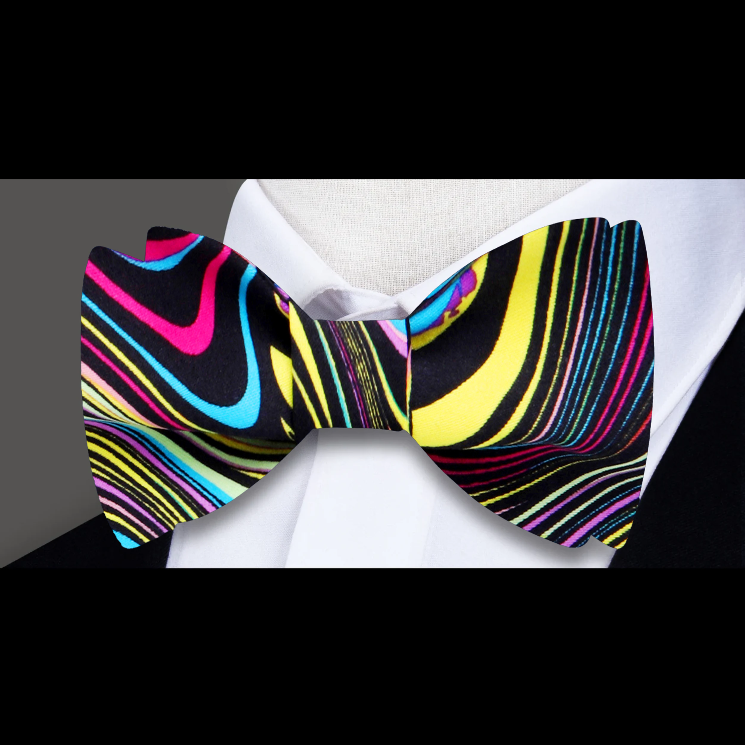 A Yellow, Pink, Blue, Black Abstract Swirl Pattern Silk Self Tie Bow Tie