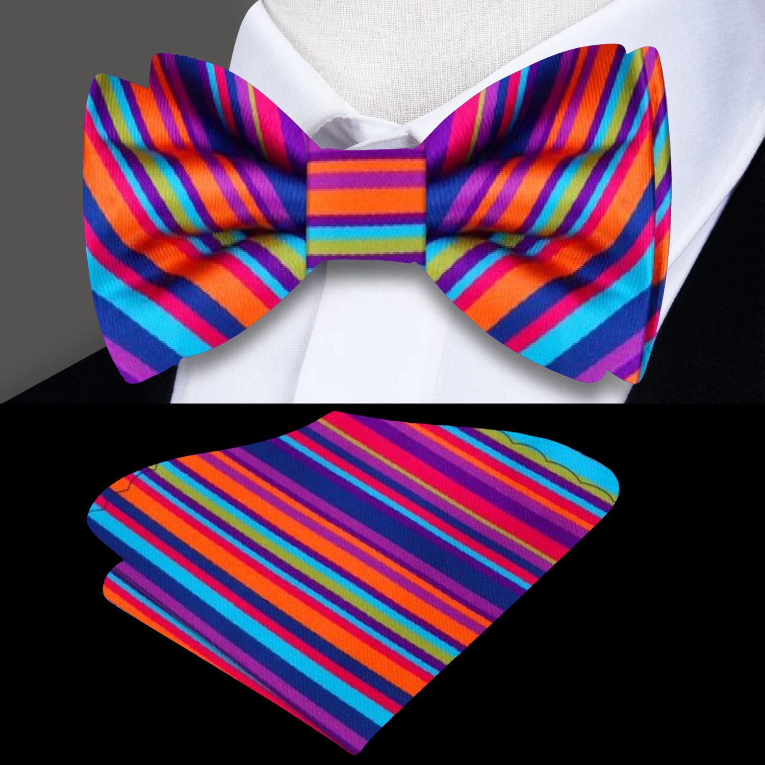 Main: Purple, Blue, Orange Stripe Bow Tie and Pocket Square