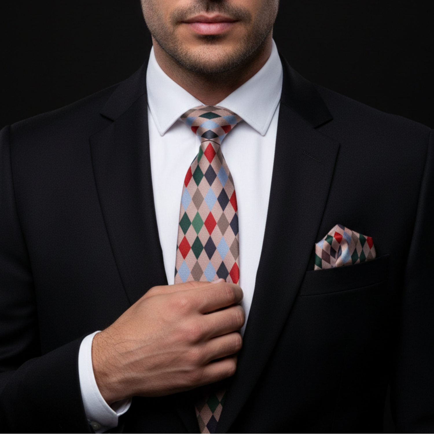 Christmas Harlequin Diamonds Necktie | Red, Green, Brown & Dark Blue