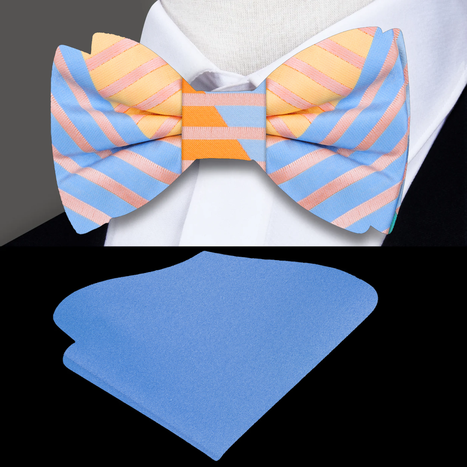 A Peach, Orange, Light Blue, Light Purple, Olive Geometric Lines Pattern Bow Tie With Blue Pocket Square