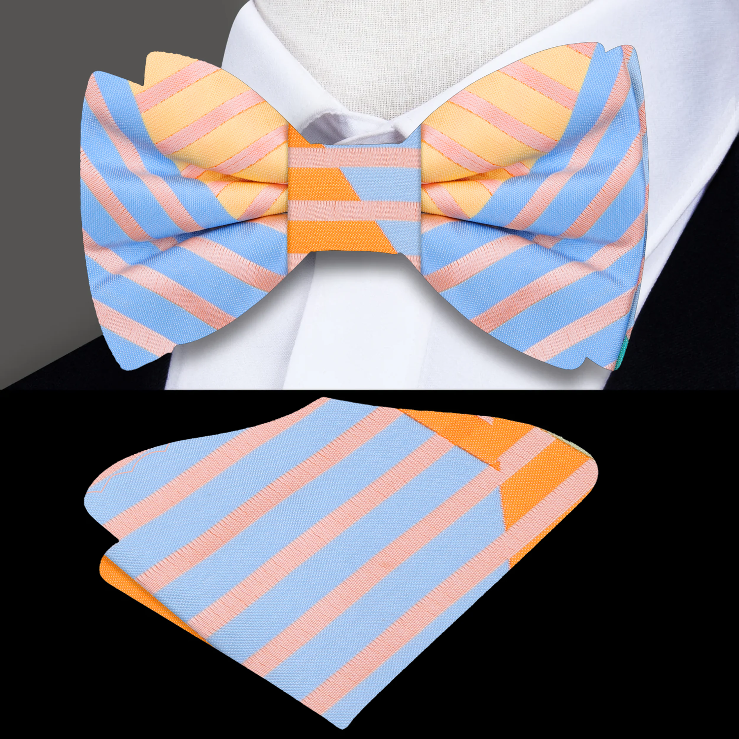 A Peach, Orange, Light Blue, Light Purple, Olive Geometric Lines Pattern Bow Tie With Matching Pocket Square