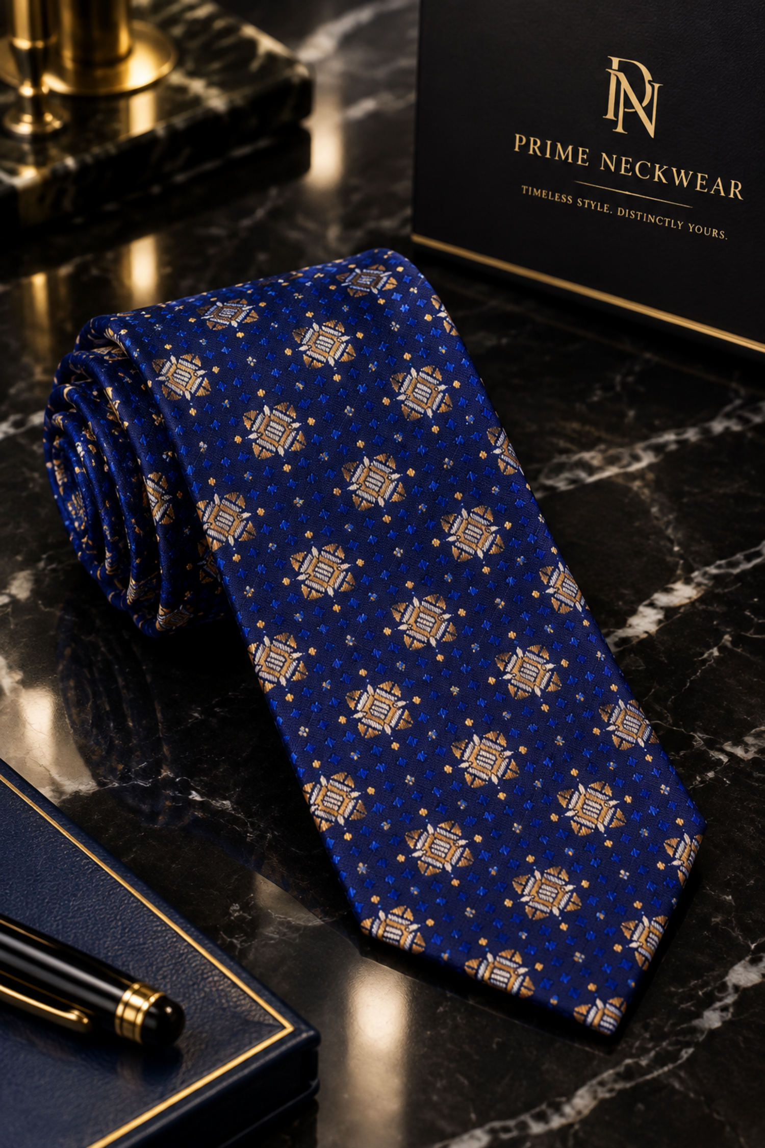 Blue Gold Brown Geometric Tie