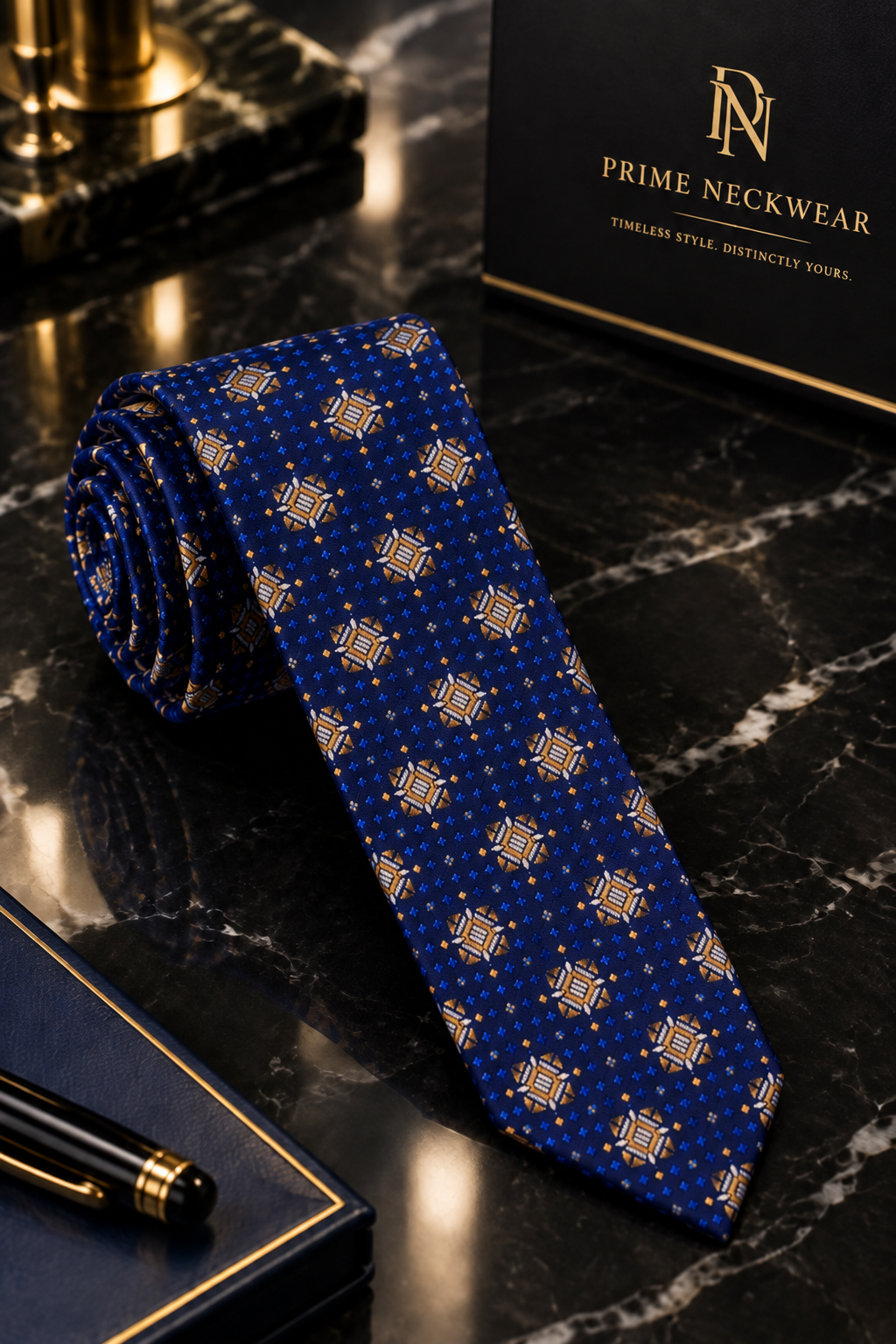 Blue Gold Brown Geometric Thin Tie