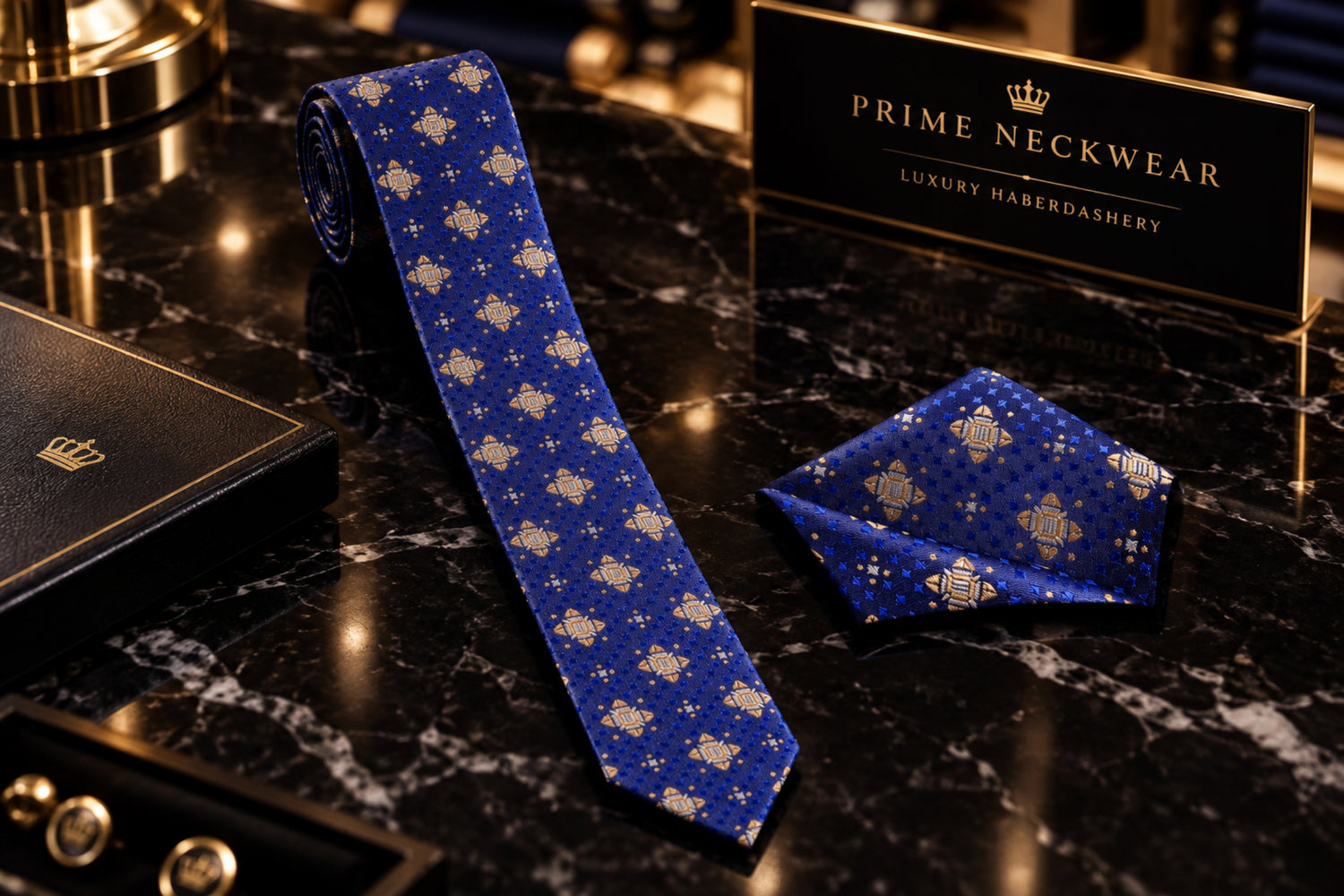 Blue Gold Brown Geometric Thin Tie and Square
