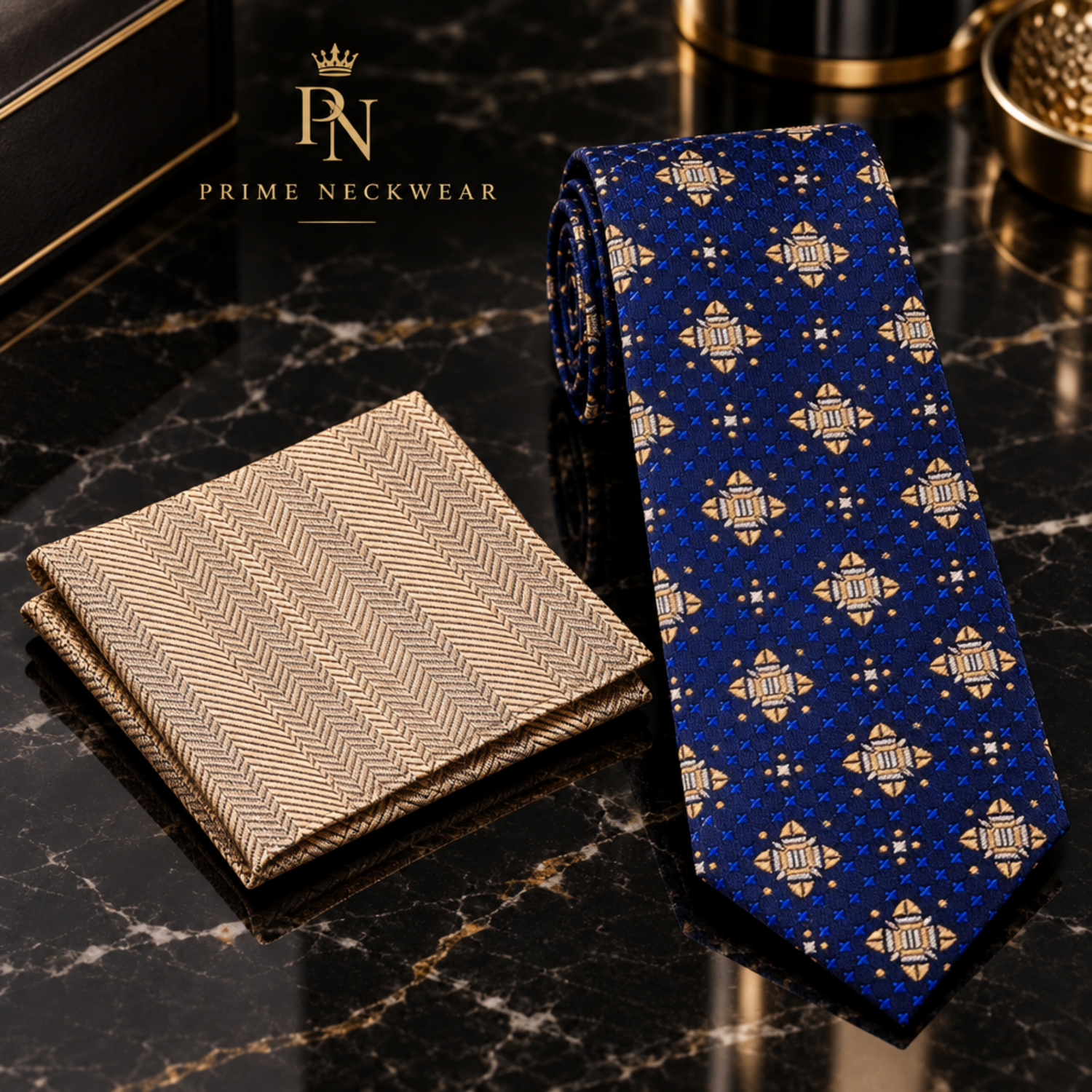 Blue Gold Brown Geometric Tie and Brown Square