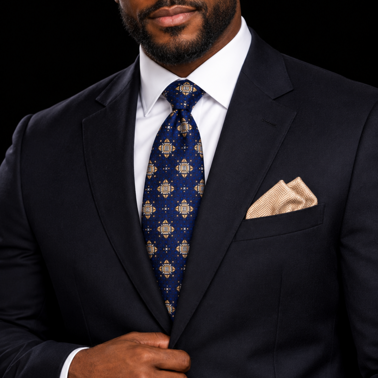 man wearing nice suit with brown and gold tie and accenting square