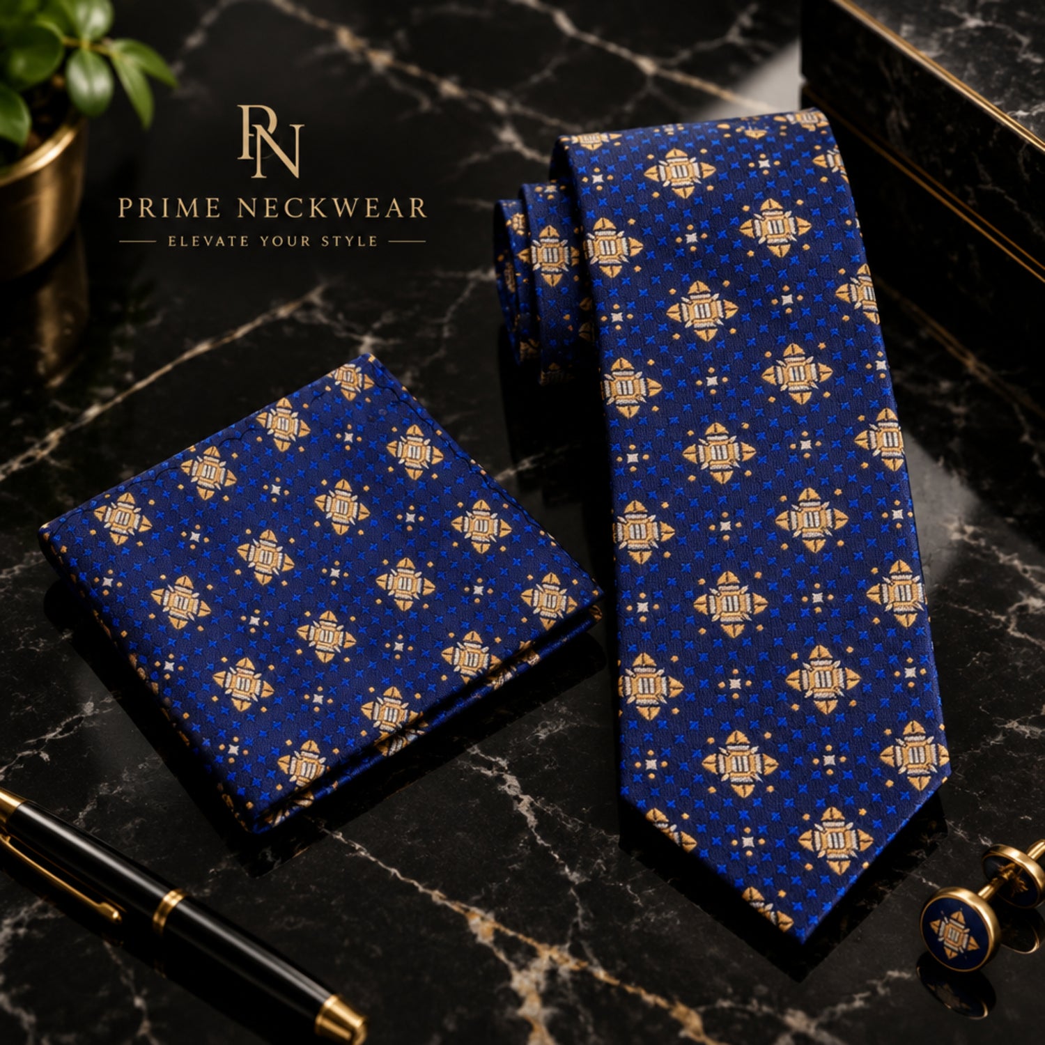 Blue Gold Brown Geometric Tie and Square