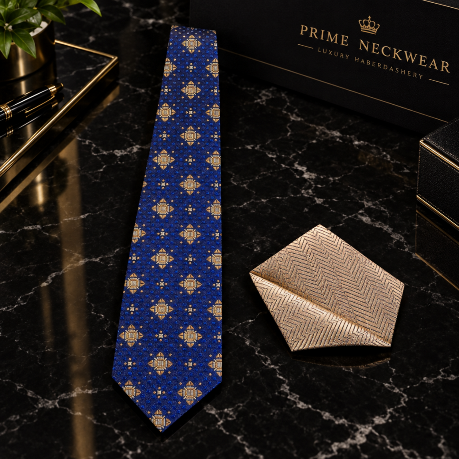 Blue Gold Brown Geometric Thin Tie and Brown Square